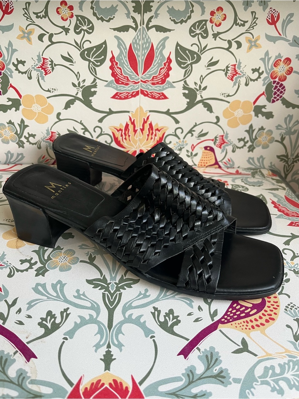Vintage Black Woven Leather Block Heel Mules